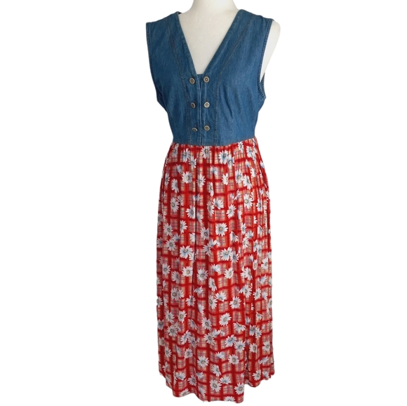 Vtg Alexandra Lee Midi Dress Size 10 Sunflower Button Denim Bodice Plaid Floral - Picture 1 of 11